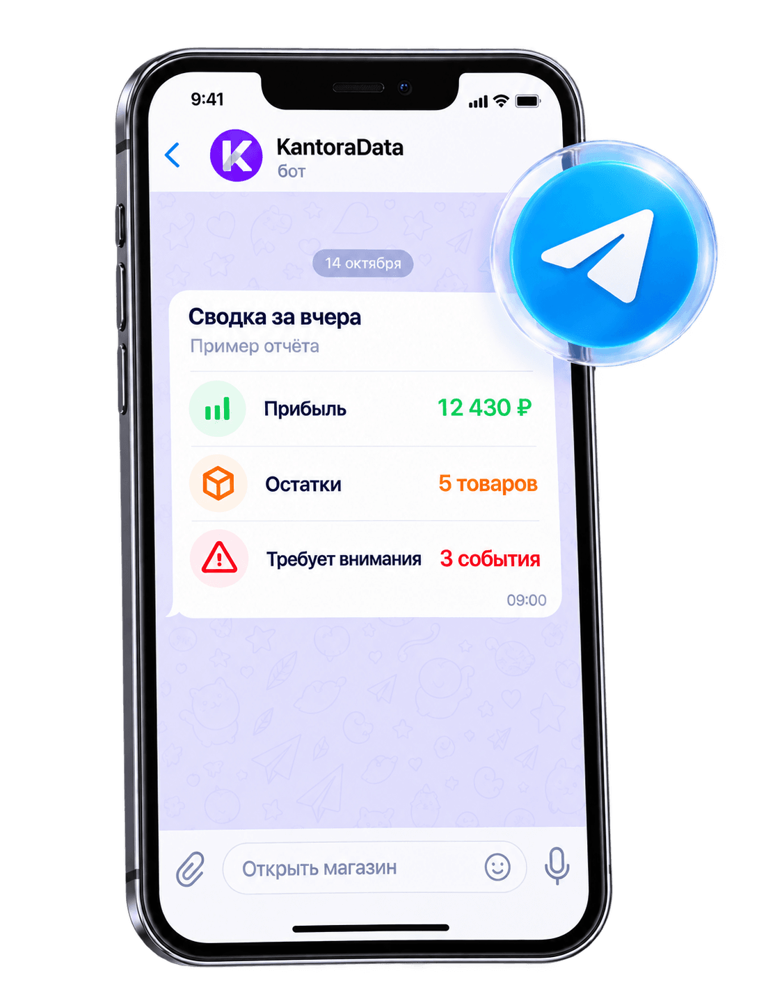 Пример ежедневной сводки KantoraData на экране телефона со значком Telegram